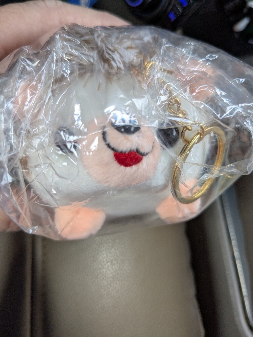 Plush Small Hedgehog Pet Keychain - White and Pink Cute .